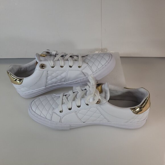 Women's GUESS GW Loven White Sneakers - Size 11M with Gold Accents - Picture 1 of 10